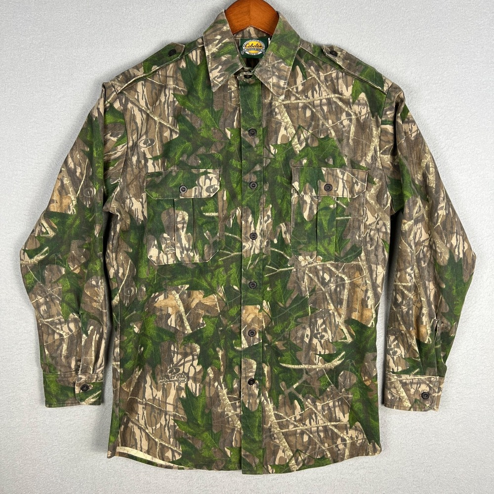 VTG Cabelas Mossy Oak Shadow Leaf Camo Shirt Mens S 90s Button Up Epaulets USA